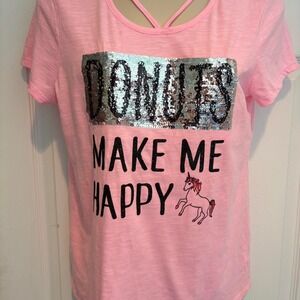Justice Girls XL 18/20 Pink Flip Sequin Donuts Unicorns Graphic Tee Y2K